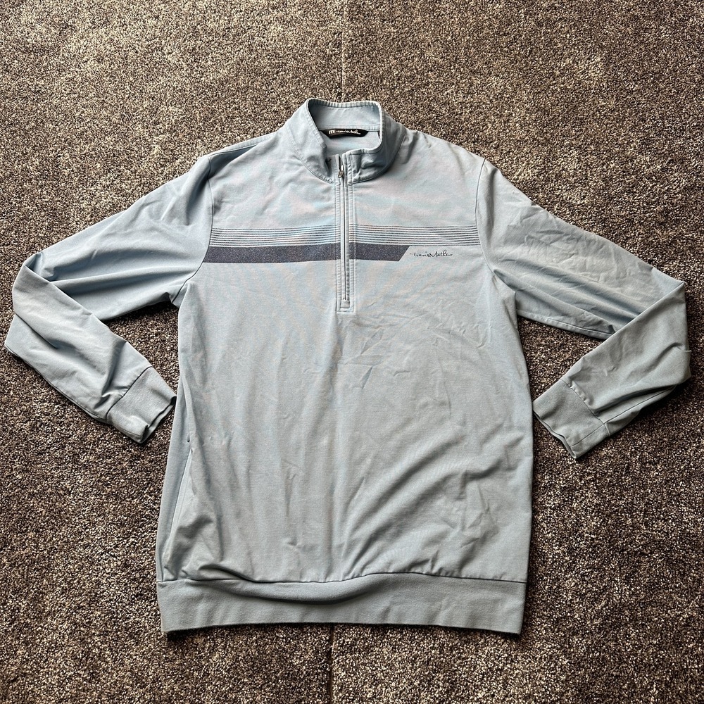 Travis Mathew Sweatshirt Mens M Blue Striped Pullover Mock Neck Zip Pockets‎